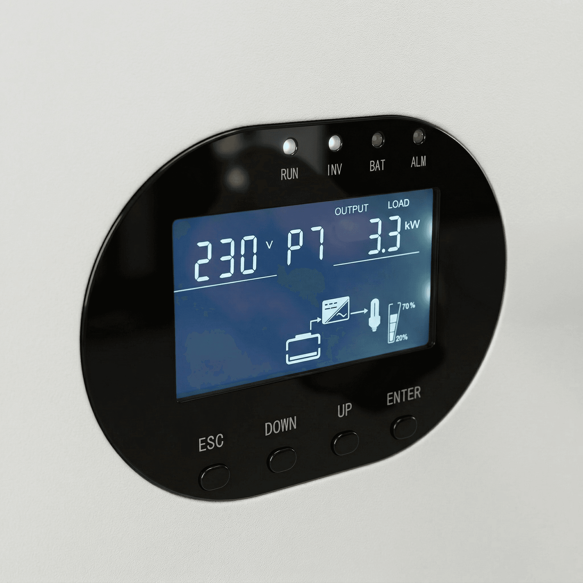 LCD-дисплей станції RahVolt DOVA 505 із відображенням напруги 230V та навантаження 3.3 кВт