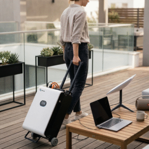 Жінка використовує мобільну зарядну станцію RahVolt DOVA 505 зі Старлінком