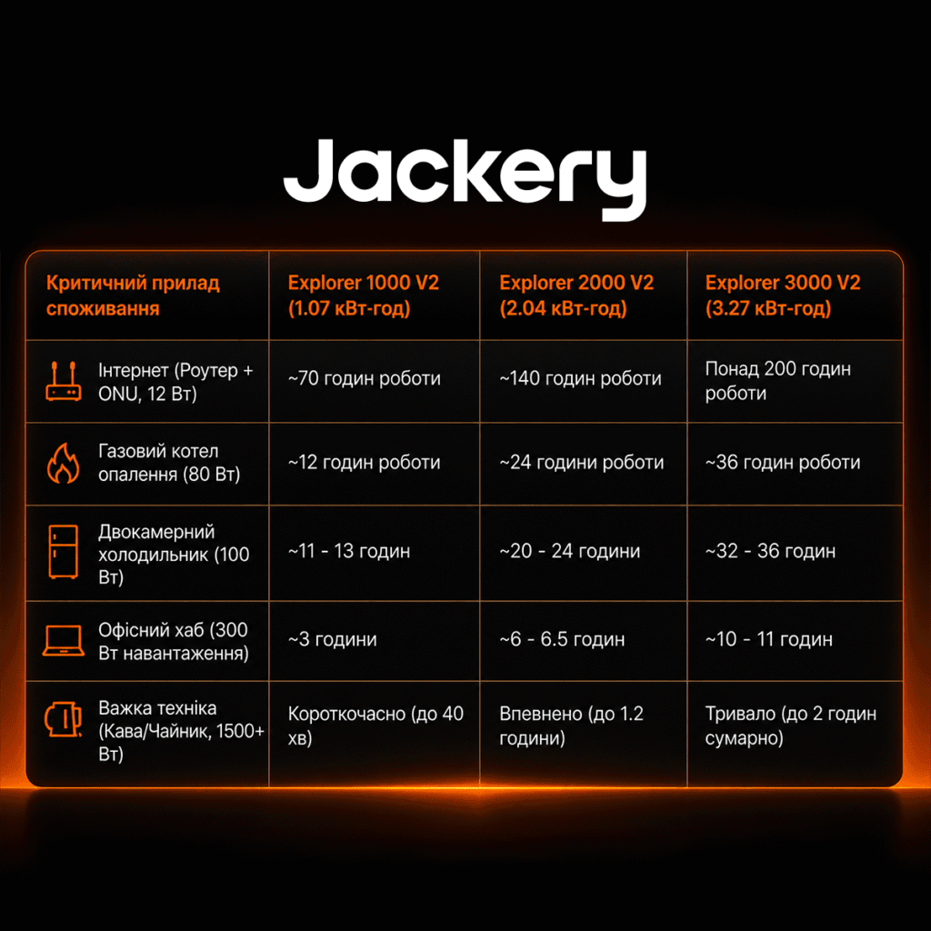 Порівняльна таблиця часу автономної роботи Jackery Explorer 1000 V2, 2000 V2 та 3000 V2 для побутової техніки