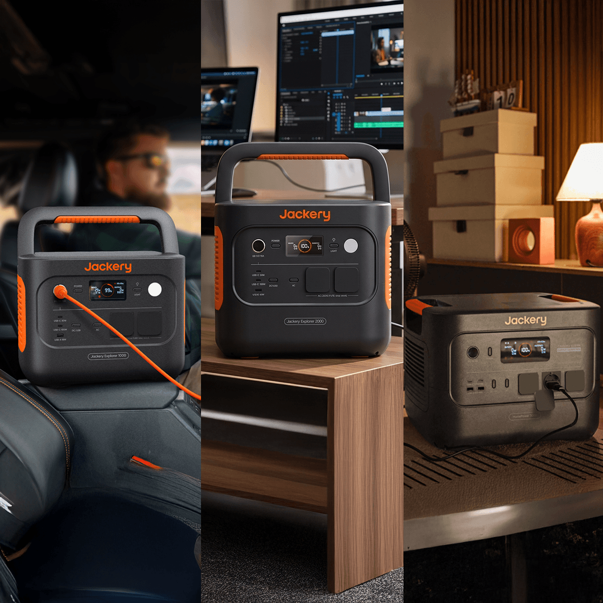 Сценарії використання Jackery Explorer 1000 V2 у авто, 2000 V2 в робочому офісі та 3000 V2 у будинку